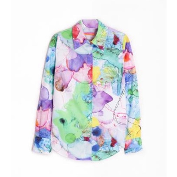 Vilagallo Mafalda Blouse Button Down Shirt Watercolor Ink Abstract Art To Wear - Picture 2 of 5